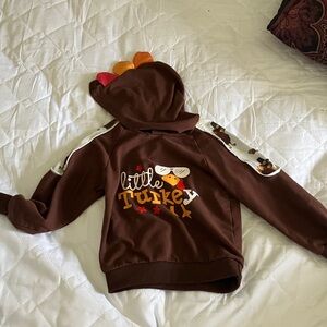 SHEIN Brown 'Little Turkey' Kids Hooded Pullover with Feather Hood Accent
